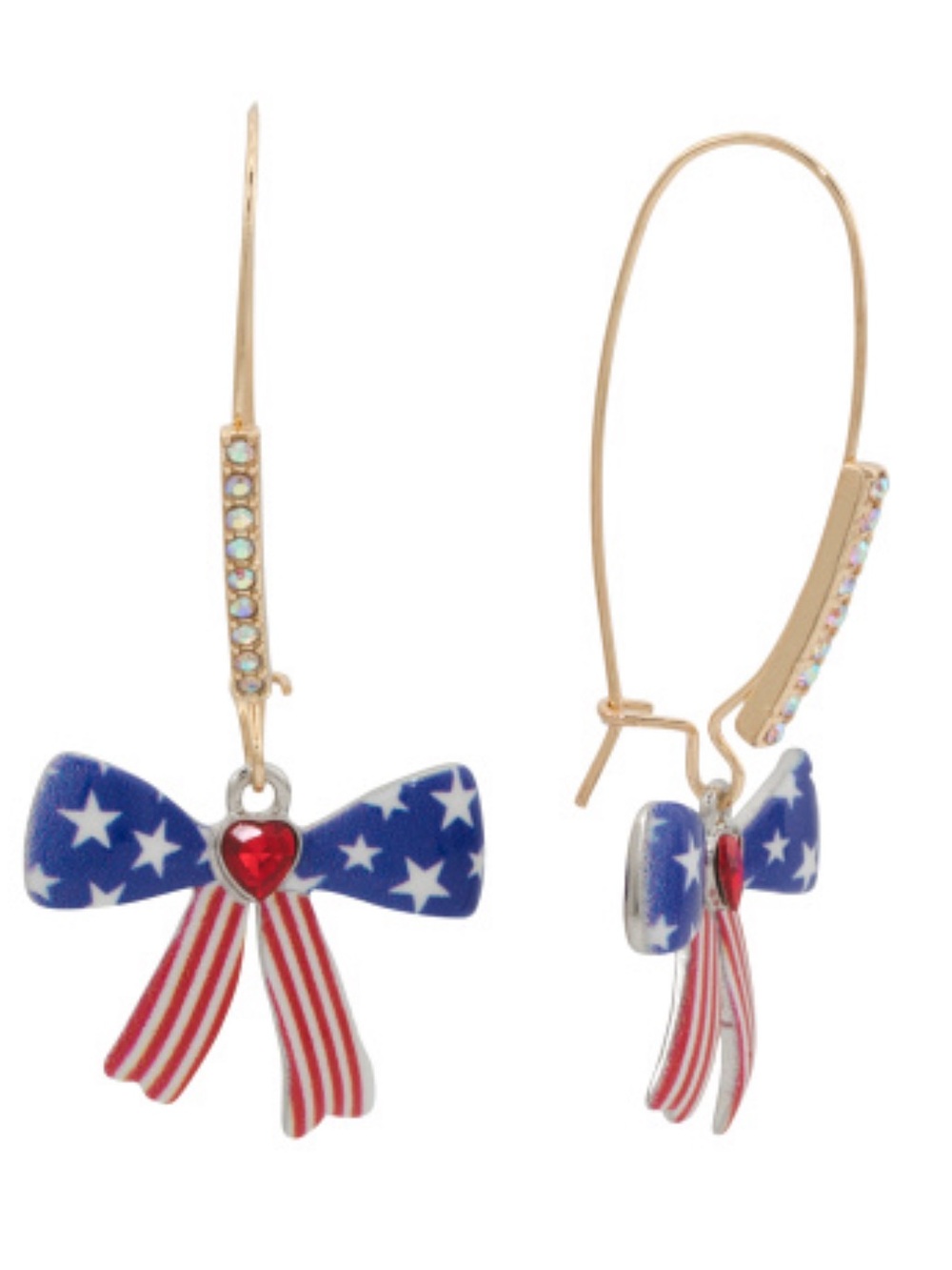 NIB Betsey Johnson American Bow Patriotic Shepherd Hook Earrings - Picture 2 of 11